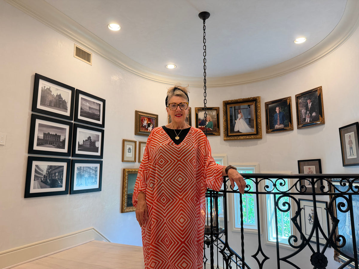 Silk Kaftan – Coral & White Geometric Pattern