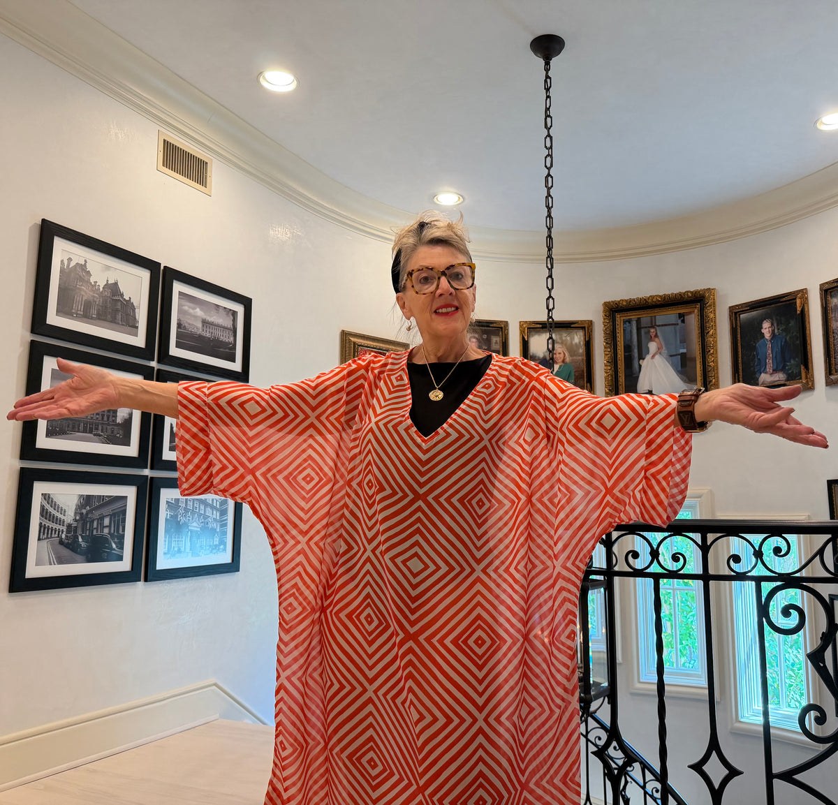 Silk Kaftan – Coral & White Geometric Pattern