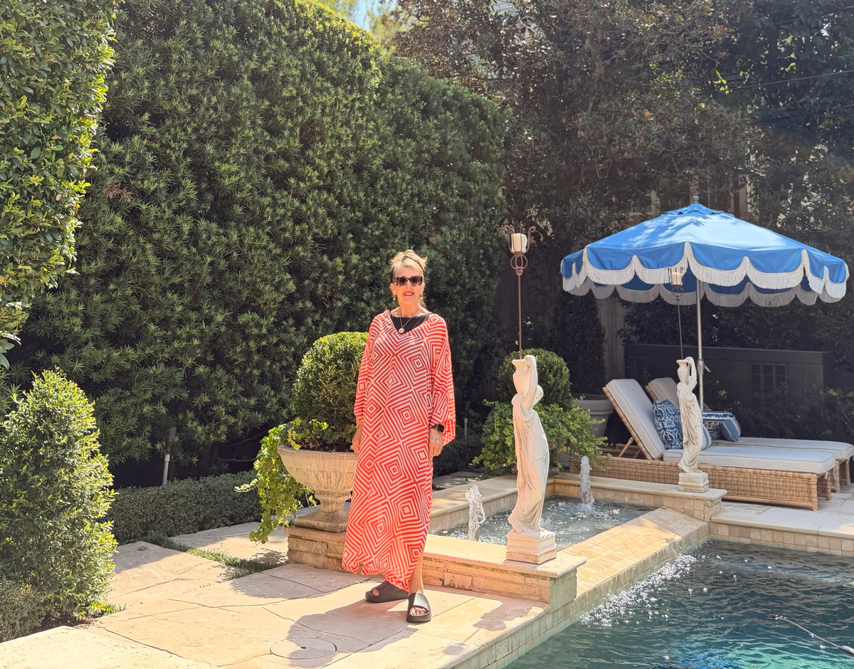 Silk Kaftan – Coral & White Geometric Pattern