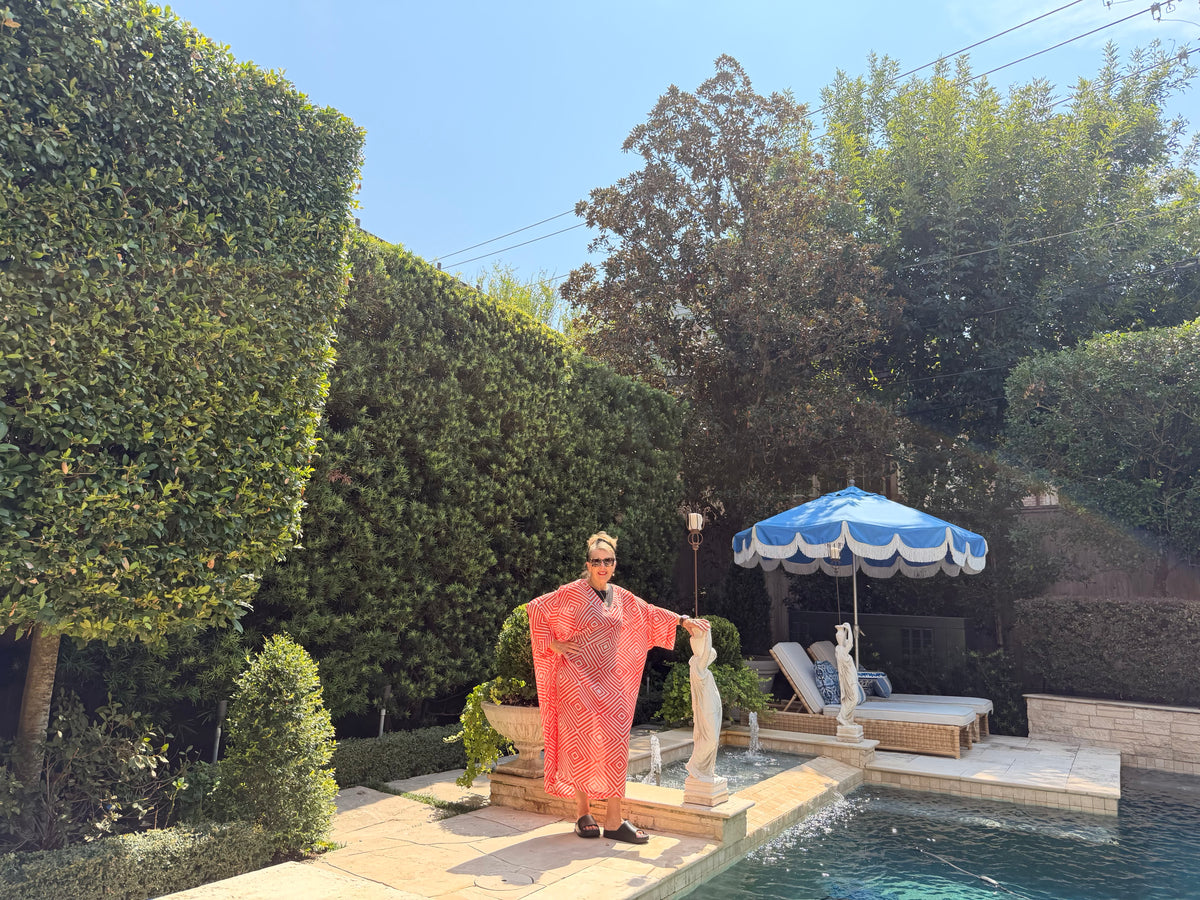 Silk Kaftan – Coral & White Geometric Pattern