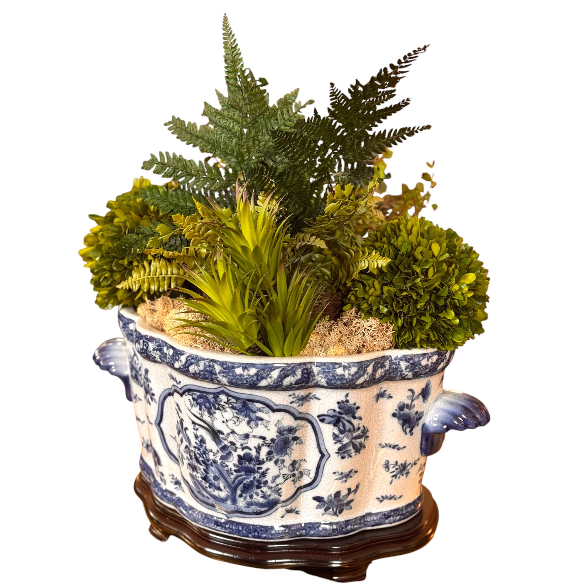 Classic Porcelain - Blue and White Bird Boxwood Arrangement