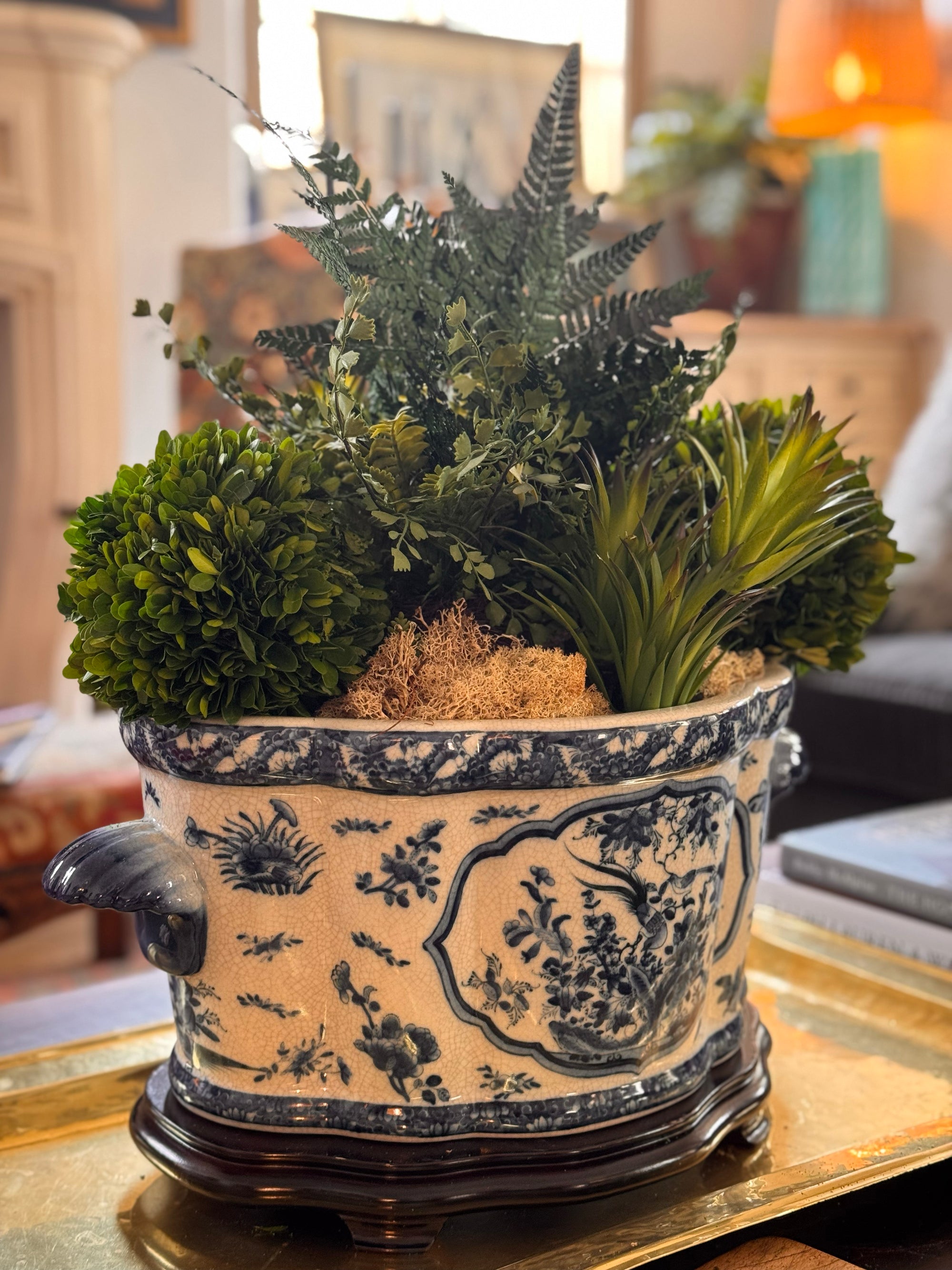 Classic Porcelain - Blue and White Bird Boxwood Arrangement