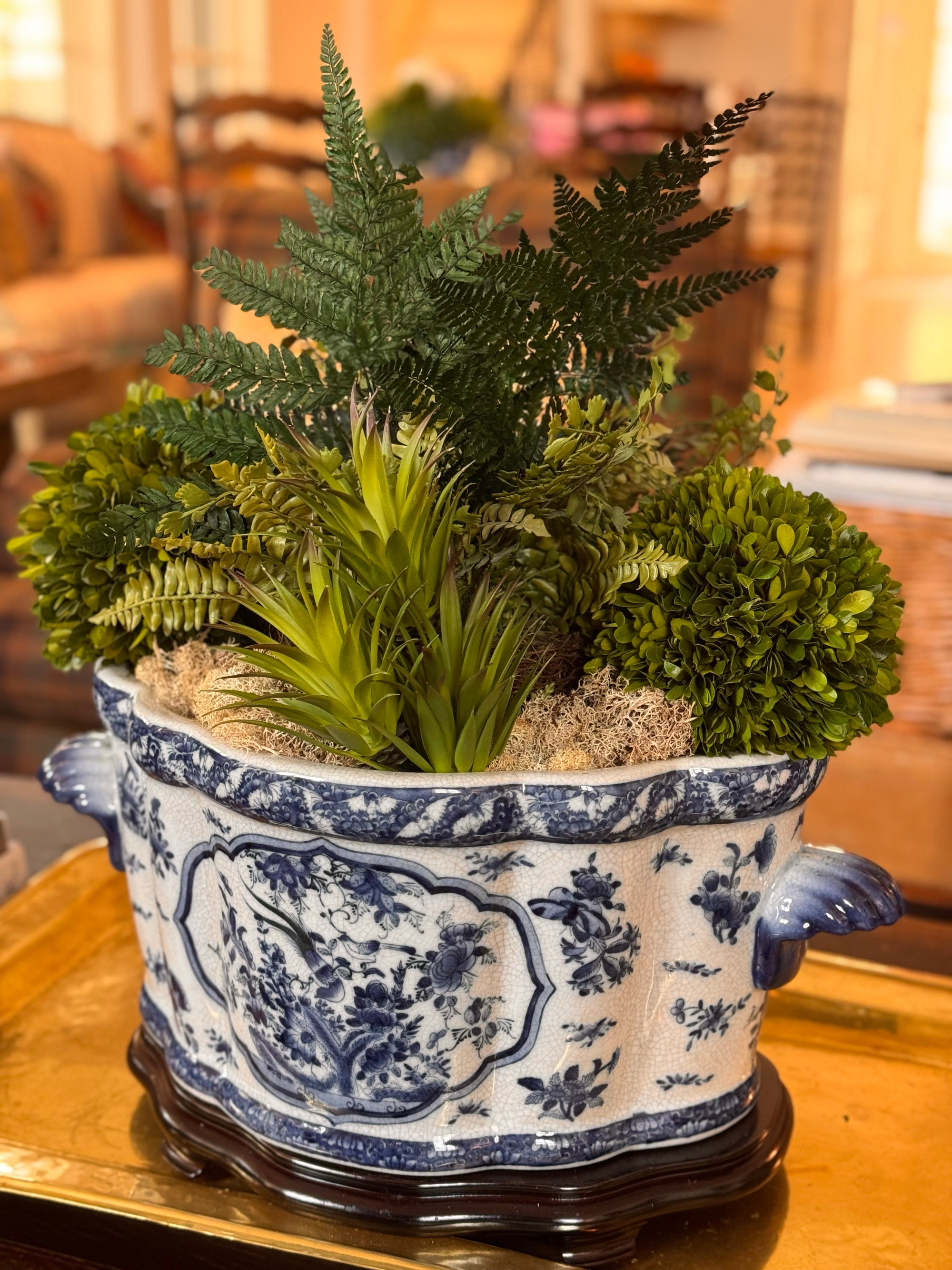 Classic Porcelain - Blue and White Bird Boxwood Arrangement