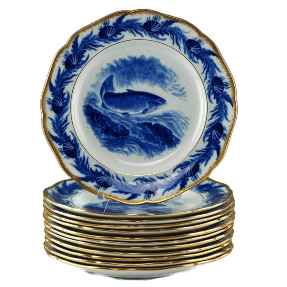 Antiques - Gilt Edged Cauldon English Flow Blue Fish Plates and Platter