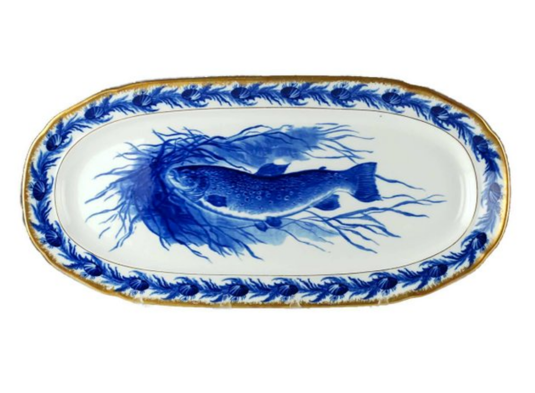 Antiques - Gilt Edged Cauldon English Flow Blue Fish Plates and Platter