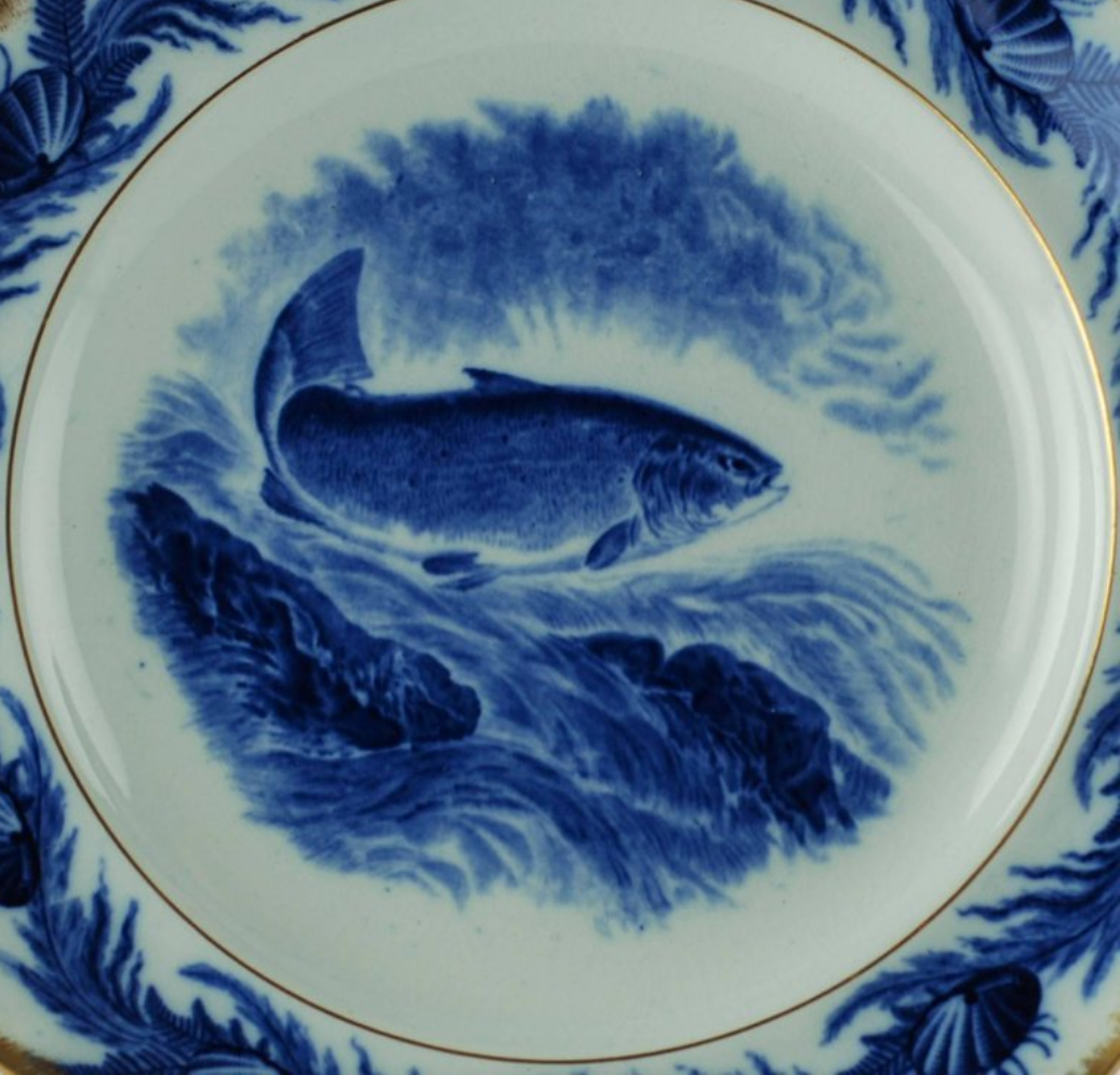 Antiques - Gilt Edged Cauldon English Flow Blue Fish Plates and Platter