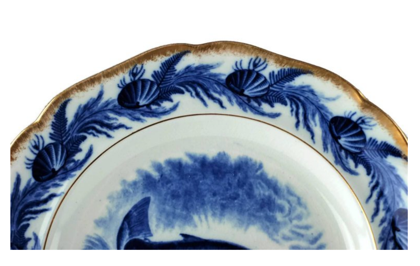 Antiques - Gilt Edged Cauldon English Flow Blue Fish Plates and Platter