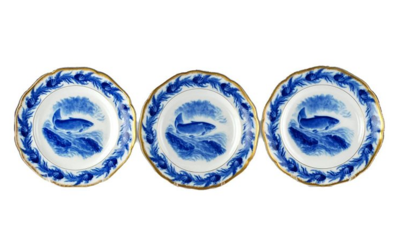 Antiques - Gilt Edged Cauldon English Flow Blue Fish Plates and Platter